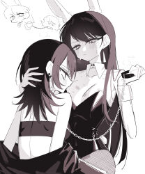  2girls animal_ear_hairband animal_ears bang_dream! bang_dream!_it's_mygo!!!!! bite_mark bite_mark_on_breast blush breasts cleavage closed_mouth collar commentary detached_collar earrings fake_animal_ears fake_tail fishnet_pantyhose fishnets greyscale hairband hand_on_another's_head highres holding holding_collar holding_leash jacket jewelry leash leotard long_hair mole mole_under_eye monochrome multiple_girls off_shoulder pantyhose playboy_bunny rabbit_ear_hairband rabbit_ears shiina_taki sitting sitting_on_lap sitting_on_person strapless strapless_leotard sweat tail tube_top untranslatable_commentary wrist_cuffs yahata_umiri yuri zikiki1092 