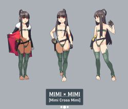  ahoge bare_arms bare_shoulders barefoot belly belt bikini black_belt breasts brown_hair buckle cape closed_mouth collarbone commentary desert_eagle female fuzzy_clothes gloves golden_gun green_bikini grey_background gun handgun highres holster holstered huge_ahoge long_hair looking_ahead looking_to_the_side multiple_views noyemik original outie_navel red_cape red_eyes simple_background small_breasts snap-fit_buckle swimsuit thigh_holster thighhighs toes weapon 