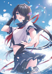  ahoge bandaged_arm bandaged_leg bandages black_hair blue_eyes blue_sailor_collar blue_skirt blue_sky breasts cloud commentary_request day female hair_over_one_eye highres kabocha_torute kako_(kancolle) kako_kai_ni_(kancolle) kantai_collection long_hair looking_at_viewer navel neckerchief open_mouth outdoors outstretched_arm petals pleated_skirt reaching reaching_towards_viewer red_neckerchief red_ribbon ribbon sailor_collar school_uniform serafuku short_sleeves skirt sky solo very_long_hair water 