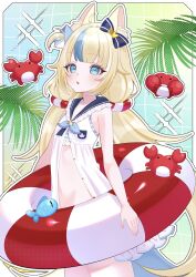  ahoge animal_ears blonde_hair blue_eyes blue_streaks bow cat_ears crab dress female fish flat_chest frilled_sailor_collar frills hairbow highres indie_virtual_youtuber lifebuoy lifebuoy_hair_ornament lilichanxxx long_hair multicolored_hair navel open_clothes open_dress open_mouth palm_leaf sailor_collar sameko_saba stomach streaked_hair striped_clothes swim_ring twintails virtual_youtuber white_dress 
