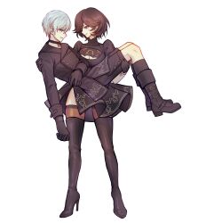  1boy 2b_(nier:automata) 2b_(nier:automata)_(cosplay) 9s_(nier:automata) 9s_(nier:automata)_(cosplay) absurdres black_boots black_dress black_gloves black_jacket black_shorts black_socks boots breasts brown_hair carrying carrying_person cleavage cleavage_cutout clothing_cutout commentary_request commission cosplay cyacyacyacyaki dress eye_contact female gloves high_heel_boots high_heels highres jacket large_breasts looking_at_another nier:automata nier_(series) octopath_traveler octopath_traveler_ii second-party_source short_hair shorts simple_background smile socks temenos_mistral thigh_boots throne_anguis white_background white_hair 