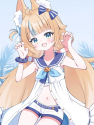  :3 :d absurdres animal_ear_fluff animal_ears belt bikini blonde_hair blue_background blue_belt blue_bow blue_bowtie blue_eyes blue_hair blue_sailor_collar blunt_bangs blush bow bowtie cat_ears collarbone commentary_request cowboy_shot female frilled_bikini frills gradient_hair hair_flaps hairbow halterneck highleg highleg_leotard highres indie_virtual_youtuber leotard long_hair looking_at_viewer low_twintails multicolored_hair navel oerba_yun_fang one_side_up open_clothes open_shirt palm_leaf paw_pose petako_(ptpt_k) sailor_collar sameko_saba scrunchie shirt short_shorts shorts sidelocks simple_background skin_fang sleeveless sleeveless_shirt smile solo stomach streaked_hair striped_bikini striped_clothes swimsuit twintails very_long_hair virtual_youtuber white_bikini white_shirt white_shorts wrist_scrunchie yellow_eyes 