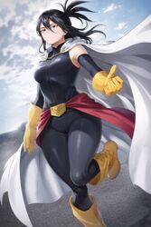  1girls ai_generated belt black_eyes black_hair blush bodysuit boots cape clothing eyes eyes_open female female_focus female_only full_body_suit gloves mouth my_hero_academia nana_shimura png shounen_jump solo stable_diffusion standing tagme thanatosai thighs yellow_boots yellow_gloves 