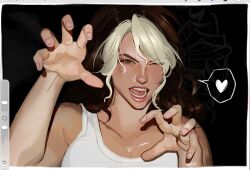  alternate_costume black_background breasts brown_hair claw_pose cleavage colored_bangs female heart highres long_hair marvel multicolored_hair one_eye_closed pinoppll rogue_(x-men) solo spoken_heart swept_bangs tank_top two-tone_hair white_hair white_tank_top x-men 