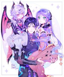  2boys alternate_hairstyle armor artist_name artistic_error black_bodysuit black_boots black_choker black_coat black_gloves black_horns black_nails black_shirt black_shorts blue_eyes blue_kimono blue_sleeves blunt_ends bodystocking bodysuit boots bow breasts bridal_gauntlets bright_pupils brooch brown_bridal_gauntlets brown_pantyhose carrying carrying_person chest_jewel choker choppy_bangs closed_mouth clothing_cutout coat collared_coat commentary covered_collarbone covered_navel cross-shaped_pupils detached_sleeves dragon_boy dragon_horns dragon_wings durin_(genshin_impact) ear_piercing earrings elbow_gloves english_commentary facial_mark family female forehead_mark foxtrot_(foxtrot_xx) gem genshin_impact glint gloves glowing_markings gold_earrings gold_ring grey_eyes hair_between_eyes hair_intakes hairbow hand_on_another's_ass hand_on_another's_leg hand_on_own_chest hand_on_own_knee heart-shaped_gem high_ponytail highres hip_vent horns japanese_armor japanese_clothes jewelry juban kimono kote kurokote layered_sleeves leotard long_hair looking_at_another looking_at_viewer mandarin_collar middle_ring mona_(genshin_impact) multiple_boys open_clothes open_coat open_collar open_kimono pants pantyhose piercing pink_lips pink_wings ponytail ponytail_holder purple_bow purple_hair purple_leotard purple_rope purple_sash purple_sleeves purple_vest red_eyes red_gem rope sash scaramouche_(genshin_impact) shirt short_eyebrows short_sleeves shorts shoulder_peek sidelocks sitting_on_shoulder slit_pupils small_breasts smile star_(symbol) star_brooch star_choker star_earrings symbol-shaped_pupils tassel thick_thighs thighs tsurime undershirt very_long_hair vest wanderer_(genshin_impact) white_kimono white_pants white_pupils white_sleeves wings 