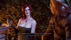  1boy 1girls 3d cd_projekt_red dress garden geralt_of_rivia green_eyes light-skinned_female light-skinned_male light_skin looking_at_partner necklace outdoors red_hair the_witcher_(series) the_witcher_3:_wild_hunt thiccboysteven triss_merigold 