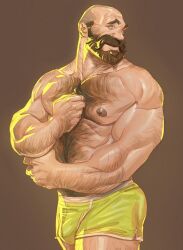  1boy arm_hair bara beard big_nose body_hair boxer_briefs bulge chest_hair connected_beard facial_hair leg_hair male_focus male_underwear mature_male moustache muscular muscular_male nesskain nipples original shaved_head short_hair simple_background underwear underwear_only very_short_hair yellow_male_underwear 