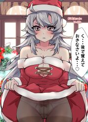  absurdres ahoge black_pantyhose blush breasts christmas christmas_tree cleavage day dress female fur-trimmed_dress fur-trimmed_headwear fur_trim grey_eyes grey_hair hat highres indoors kantai_collection kitahama_(siroimakeinu831) large_breasts long_hair looking_at_viewer panties panties_under_pantyhose pantyhose santa_costume santa_dress santa_hat smile solo speech_bubble twitter_username underwear washington_(kancolle) window 