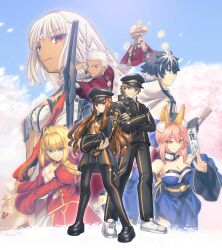  4boys 4girls aestus_estus ahoge altera_(fate) animal_ears archer_(fate) armor black_hair black_jacket black_skirt blonde_hair blue_eyes bow_(weapon) breasts brown_eyes brown_hair charlemagne_(fate) cherry_blossoms cleavage crossed_arms dark-skinned_female dark-skinned_male dark_skin detached_sleeves fate/extella fate/extella_link fate/extra fate/grand_order fate_(series) fox_ears gate_of_babylon_(fate) gilgamesh_(fate) green_eyes hat highres holding holding_sword holding_weapon jacket kishinami_hakuno_(female) kishinami_hakuno_(female)_(mooncancer) kishinami_hakuno_(male) kishinami_hakuno_(male)_(mooncancer) military_hat multiple_boys multiple_girls nero_claudius_(fate) ofuda pink_hair red_eyes sailor_collar shoori_(migiha) skirt smile sword tamamo_(fate) tamamo_no_mae_(fate/extra) veil weapon white_hair 