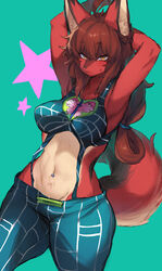  1girls absurd_res anthro anthro_only armpits belly_tuft breasts canid canine clothed clothing cosplay digital_media_(artwork) female female_only franchesca_(garasaki) fur hands_behind_head hi_res jojo&#039;s_bizarre_adventure jolyne_kujo_(cosplay) kemono looking_at_viewer mammal navel navel_piercing panties piercing red_body red_fur shaded solo stone_ocean suurin_(ksyaro) tuft underwear 