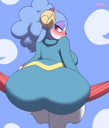  2023 anthro ariem artist_name ass big_butt blush bovid breasts clothed clothing cloud dress eyeshadow female horn looking_at_viewer looking_back makeup mammal sega sheep sitting solo sonic_(series) sonic_dream_team sonic_the_hedgehog_(series) zaviel 