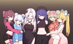  6+girls ahoge beret black_dress black_hat black_pants black_shorts blonde_hair blue_dress blue_eyes blue_hair blunt_bangs breasts brown_hair closed_mouth commentary_request crop_top double-parted_bangs double_bun dress eyewear_on_head floral_print_shirt flower gosegu gradient_background green_eyes hair_between_eyes hair_bun hair_flower hair_ornament hat hh highres hug hug_from_behind ine_(vtuber) jacket jingburger jururu large_breasts lilpa lineup looking_at_viewer medium_breasts multiple_girls one_eye_closed open_clothes open_jacket open_mouth pants parted_bangs pink-tinted_eyewear pink_dress pink_eyes pink_jacket print_shirt purple_eyes red_eyes red_shirt shirt shorts sleeveless sleeveless_dress smile standing sunglasses tied_shirt tinted_eyewear viichan virtual_youtuber waktaverse white_hair x_hair_ornament yellow_eyes 