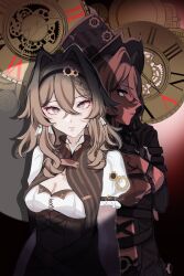  2girls black_hairband breasts brown_corset brown_dress brown_gloves brown_hair cleavage commentary corset dress dual_persona english_commentary gloves grey_eyes hair_between_eyes hair_intakes hairband hat highres honkai_(series) honkai_impact_3rd medium_breasts medium_hair multiple_girls sakarvia top_hat vill-v 