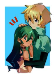  1boy black_shirt blonde_hair blue_eyes commentary_request deltora_quest female green_eyes green_hair green_tunic hand_on_another's_head highres hug jasmine_(deltora_quest) lief_(deltora_quest) long_hair long_sleeves nigiri11315 shirt short_hair straight tunic upper_body 