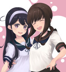  2girls :d anchor_symbol black_hair black_sailor_collar black_skirt blue_neckerchief blush brown_hair closed_eyes collarbone commentary_request double-parted_bangs facing_viewer fubuki_(kancolle) green_sailor_collar hair_between_eyes hairband highres hug hug_from_side kantai_collection long_hair looking_at_viewer low_ponytail medium_hair multiple_girls neckerchief neko_no_hige open_mouth pink_background ponytail purple_eyes purple_hairband purple_shirt sailor_collar shirt short_hair_with_long_locks short_sleeves sidelocks simple_background skirt smile teeth upper_body upper_teeth_only ushio_(kancolle) white_background 