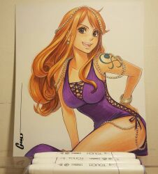  art_tools_in_frame bangle bare_arms bracelet breasts brown_eyes commentary criss-cross_straps cross-laced_clothes cross-laced_dress dress earrings english_commentary female hand_on_own_hip jewelry large_breasts long_hair looking_at_viewer nami_(one_piece) official_alternate_costume omar_dogan one_piece open_mouth orange_hair pearl_earrings pearl_hair_ornament photo_(medium) purple_dress shoulder_tattoo signature simple_background sleeveless sleeveless_dress smile solo string_of_pearls tattoo thighs traditional_media v-neck white_background 