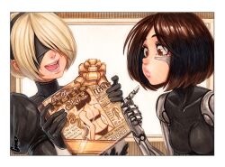  2b_(nier:automata) 2girls alita battle_angel_alita black_bodysuit black_dress black_gloves black_hairband blindfold blonde_hair bodysuit border breasts brown_eyes brown_hair covered_eyes crossover dress english_text facing_another gift gloves hairband holding holding_gift joints juliet_sleeves lips long_sleeves looking_at_object mechanical_arms medium_breasts multiple_girls nier:automata nier_(series) omar_dogan open_mouth pointing pointing_at_self puckered_lips puffy_sleeves robot robot_joints scan short_hair signature smile traditional_media upper_body white_border 