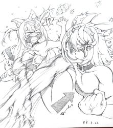  !? >_< 2girls absurdres anger_vein animal_ear_fluff animal_ears bandaid bandaid_hair_ornament belt_collar beniton braid braided_bangs breast_envy breasts clenched_hand collar commentary_request constricted_pupils crossed_bangs dog_ears dog_girl dog_tail donut double-parted_bangs evil_smile fake_horns food fuwawa_abyssgard graphite_(medium) greyscale hair_ornament hairband highres hololive hololive_english horn_hairband horns large_breasts long_hair looking_at_another mococo_abyssgard monochrome multiple_girls oerba_yun_fang pon_de_ring sanpaku shaded_face short_hair siblings sisters slapping_breasts smile spoken_interrobang tail tearing_up traditional_media translation_request twins two_side_up underwear underwear_only virtual_youtuber x_hair_ornament 