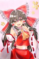  ascot blush bow brown_eyes brown_hair chest_sarashi commentary detached_sleeves female frilled_bow frilled_hair_tubes frills hair_tubes hairbow hakurei_reimu highres long_hair looking_at_viewer midriff mitsu~ navel open_mouth pink_background red_bow red_skirt ribbon-trimmed_sleeves ribbon_trim sarashi skirt skirt_set smile solo touhou traditional_media very_long_hair yellow_ascot 