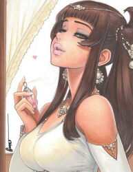  alexnadria_kartal_(omar_dogan) bare_shoulders blunt_bangs bottle breasts brown_eyes brown_hair circlet earrings eyelashes female from_side hair_over_shoulder half-closed_eyes hand_up heart holding holding_bottle jewelry large_breasts light_smile lips long_hair looking_at_viewer necklace omar_dogan original parted_lips pearl_earrings pearl_hair_ornament pearl_necklace perfume_bottle puff_of_air shirt sideways_glance signature solo thick_lips third-party_source traditional_media twintails upper_body white_shirt white_sleeves 