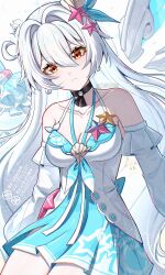  absurdres ahoge bare_shoulders blue_dress breasts cleavage commentary_request cutescookie detached_sleeves dress earrings female highres honkai_(series) honkai_impact_3rd jewelry kiana_kaslana kiana_kaslana_(herrscher_of_the_void) kiana_kaslana_(parasol_kaiserin) large_breasts long_hair looking_at_viewer official_alternate_costume orange_hair simple_background solo sundress very_long_hair white_background white_hair 