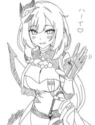  blush bow_(weapon) breasts cleavage commentary_request corset elf elysia_(honkai_impact) elysia_(miss_pink_elf)_(honkai_impact) female greyscale hair_ornament highres holding holding_bow_(weapon) holding_weapon honkai_(series) honkai_impact_3rd large_breasts long_hair looking_at_viewer monochrome oinari_(koheihei1109) pointy_ears short_shorts shorts shrug_(clothing) smile solo thighs very_long_hair weapon 