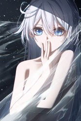  absurdres black_background blue_eyes bu_bai_(wres2744) commentary_request convenient_censoring covering_own_mouth female hair_between_eyes hand_over_own_mouth hand_up highres honkai_(series) honkai_impact_3rd kiana_kaslana light_particles long_hair looking_at_viewer nude solo upper_body white_hair 