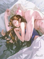  1boy artist_name bare_arms bare_shoulders bed_sheet blue_shirt breasts brown_hair closed_eyes commentary couple facial_mark female hair_between_eyes highres hug hug_from_behind inuyasha long_hair medium_breasts midriff_peek mmmilk parted_bangs parted_lips pillow pointy_ears rin_(inuyasha) sesshoumaru shirt signature sleeping sleeveless sleeveless_shirt straight topless_male under_covers untranslatable_commentary white_hair 