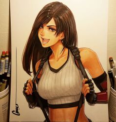  bare_shoulders black_gloves breasts brown_eyes brown_hair commentary crop_top elbow_gloves english_commentary female final_fantasy final_fantasy_vii final_fantasy_vii_remake fingerless_gloves gloves large_breasts long_hair looking_at_viewer midriff omar_dogan open_mouth photo_(medium) ribbed_tank_top signature simple_background single_arm_guard smile solo straight_hair strap_pull suspenders tank_top tifa_lockhart traditional_media upper_body v-shaped_eyebrows white_background white_tank_top 