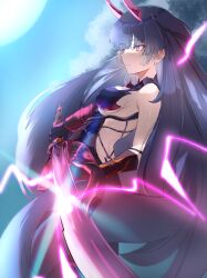  absurdres black_dress black_gloves blue_sky breasts commentary dress electricity female gloves highres holding holding_sword holding_weapon honkai_(series) honkai_impact_3rd horns kipuru long_hair medium_breasts purple_eyes purple_hair raiden_mei raiden_mei_(herrscher_of_thunder) red_horns sideboob sky solo sword very_long_hair weapon 