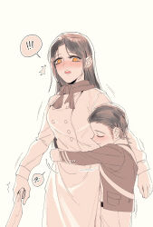  ! !! 1boy aged_down apron blush cleaver commentary_request dread_hunger female genderswap_(mtf) highres holding holding_cleaver hug hug_from_side jiucang_p military_uniform open_mouth royal_marine_(dread_hunger) rule_63 ship's_cook_(dread_hunger) smile speech_bubble spoken_exclamation_mark translation_request yellow_eyes 