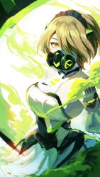  amyucheu breasts brown_hair dress female gas hair_over_one_eye highres holding holding_scythe holding_weapon honkai_(series) honkai_impact_3rd looking_at_viewer mask medium_breasts purple_eyes respirator rita_rossweisse rita_rossweisse_(phantom_iron) scythe short_hair solo weapon white_background white_dress 