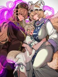  3girls animal_ears aqua_ribbon blonde_hair blue_tabard blush breasts brown_dress brown_hair chinese_clothes commentary covered_navel dalachi_(headdress) dress duplicate energy_tail fox_ears fox_girl fox_tail ghostship55 girl_sandwich hair_between_eyes hand_on_another's_head hand_on_own_hip hat highres hug huge_breasts junko_(touhou) kitsune kudamaki_tsukasa kyuubi long_hair long_hair_between_eyes long_sleeves medium_breasts multiple_girls multiple_tails neck_ribbon open_mouth red_eyes red_tabard ribbon romper sandwiched short_hair short_sleeves size_difference smile sweat tabard tail tassel touhou wan_squad_of_gensokyo_(touhou) white_background white_dress white_romper wide_sleeves yakumo_ran yellow_eyes yuri 