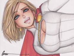  blonde_hair blue_eyes bodysuit breasts cape cleavage_cutout clothing_cutout dc_comics earrings female gold_earrings hanging jewelry large_breasts lips looking_at_viewer medium_hair omar_dogan open_mouth power_girl power_girl_(1976_costume) raised_eyebrow red_cape signature simple_background solo superman_(series) third-party_source traditional_media upper_body white_background white_bodysuit 