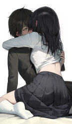  1boy absurdres black_hair black_jacket black_skirt blurry blurry_background blush chitanda_eru clothes_lift commentary dated_commentary duplicate ear_blush female gakuran green_eyes groping highres hug hwan_(verypoor) hyouka jacket kneehighs long_hair looking_at_another median_furrow oreki_houtarou pixel-perfect_duplicate pleated_skirt school_uniform serafuku shirt_lift simple_background sitting skirt socks straight straight_hair sweat white_background white_socks 
