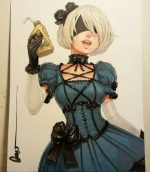  2b_(nier:automata) alternate_costume black_bow black_gloves blindfold blue_dress bow breasts collar commentary covered_eyes cowboy_shot dress dress_bow drink drinking_straw english_commentary facing_viewer female frilled_collar frilled_dress frilled_gloves frills gloves hairbow hand_up highres holding holding_drink large_bow medium_breasts nier:automata nier_(series) omar_dogan open_mouth photo_(medium) puffy_short_sleeves puffy_sleeves short_hair short_sleeves signature simple_background smile solo traditional_media white_background white_hair white_sleeves 