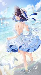  absurdres barefoot beach bird black_hair blue_eyes blue_hair blue_sky breasts chinese_commentary commentary_request dress dress_tug feet female hat highres honkai_(series) honkai_impact_3rd looking_at_viewer medium_breasts multicolored_hair ocean official_alternate_costume seagull seele_vollerei seele_vollerei_(papilio_lily) seele_vollerei_(swallowtail_phantasm) short_hair sky smile soles solo sun_hat sundress takeawatch toes two-tone_hair white_dress white_hair 