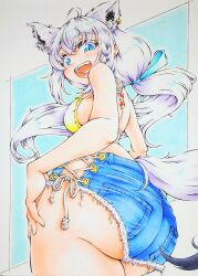  ahoge alternate_costume animal_ear_piercing animal_ears ass ass_focus beniton bikini bikini_top_only blue_eyes braid commentary_request cowboy_shot cross-laced_clothes cross-laced_shorts cutoffs denim denim_shorts extra_ears female fox_ears fox_girl fox_tail from_below from_side grey_hair hand_on_own_thigh hololive long_hair looking_at_viewer looking_back looking_down looking_to_the_side low_ponytail marker_(medium) micro_shorts open_mouth ponytail shirakami_fubuki shorts single_braided_sidelock solo swimsuit tail traditional_media twisted_torso underbutt virtual_youtuber yellow_bikini 