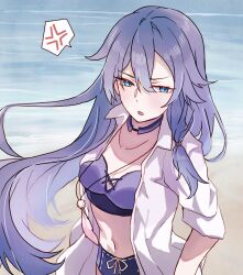  anger_vein beach bikini blue_bikini blue_eyes breasts cleavage commentary_request female fu_hua fu_hua_(summer_2022) grey_hair h3_hk highres honkai_(series) honkai_impact_3rd medium_breasts midriff navel ocean official_alternate_costume purple_hair shirt solo spoken_anger_vein swimsuit white_shirt 