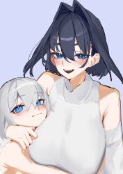 1boy :d absurdres armpit_crease bare_arms bare_shoulders black_hair blue_background blue_eyes blush boros_(ouro_kronii) breasts commentary daaku_(koizumi_arata) fangs female grey_hair hair_between_eyes hair_intakes highres hololive hololive_english hug huge_breasts looking_at_viewer open_mouth ouro_kronii personification short_hair simple_background smile upper_body virtual_youtuber 