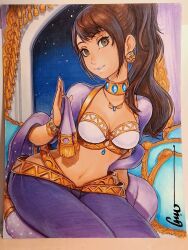  alternate_costume arabian_clothes artist_name bra breasts brown_hair choker cleavage commentary commentary_request couch curtains dancer earrings english_commentary female gold_trim harem_outfit harem_pants highres indoors jewelry kujikawa_rise looking_at_viewer marker_(medium) medium_breasts midriff navel necklace omar_dogan on_couch pants persona persona_4 persona_4:_dancing_all_night persona_dancing photo_(medium) pillow purple_pants purple_shawl shawl signature sky smile solo star_(sky) starry_sky teeth traditional_media twintails underwear upper_teeth_only window yellow_eyes 