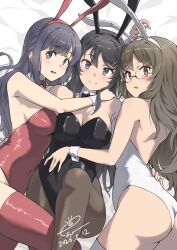  3girls absurdres animal_ears ass black_hair black_leotard blue_eyes blue_hair breasts brown_hair cleavage commentary_request commission dated esw_artca fake_animal_ears futaba_rio glasses grey_eyes highres hug large_breasts leotard long_hair looking_at_viewer lying makinohara_shouko multiple_girls on_back parted_lips pixiv_commission playboy_bunny purple_eyes rabbit_ears red_leotard sakurajima_mai seishun_buta_yarou smile very_long_hair white_leotard 