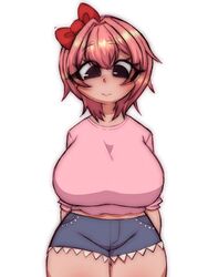  1girls 5hitzzzu alternate_breast_size big_breasts boombita bow breasts curvy doki_doki_literature_club female female_only funcu funculicious huge_breasts human human_only jean_shorts just_sayori looking_down meatcuteshii pink_hair pink_shirt pinkbobatoo plump red_bow sayori_(doki_doki_literature_club) shirt short_hair shorts skiddioop solo stereodaddy thick thick_thighs thighs top_heavy voluptuous white_background wide_hips 