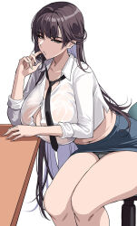  alternate_breast_size black_hair black_necktie blue_skirt breasts button_gap chair collared_shirt commentary english_commentary female goddess_of_victory:_nikke hand_up hella_p highres huge_breasts long_hair long_sleeves looking_at_viewer marciana_(nikke) marciana_(school_days)_(nikke) miniskirt navel_piercing necktie official_alternate_costume parted_lips piercing shirt simple_background skirt solo thighs white_background white_shirt 