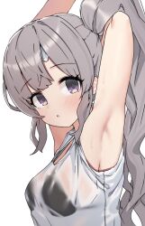  aa211108 arm_behind_head armpits arms_up bikini bikini_under_clothes black_bikini blush breasts dot_nose eyelashes female grey_hair highres idolmaster idolmaster_shiny_colors idolmaster_shiny_colors_song_for_prism large_breasts long_hair looking_at_viewer official_alternate_costume official_alternate_hairstyle parted_lips purple_eyes see-through see-through_shirt shirt side_ponytail sidelocks simple_background solo swimsuit upper_body wavy_hair wet wet_clothes wet_shirt white_background white_shirt yukoku_kiriko 