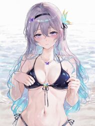  absurdres alternate_costume aqua_hair bikini black_hairband blue_bikini blush breasts closed_mouth commentary english_text female firefly_(honkai:_star_rail) front-tie_bikini_top front-tie_top hair_between_eyes hair_ornament hairband highres honkai:_star_rail honkai_(series) large_breasts long_hair looking_at_viewer multicolored_hair navel purple_eyes qiandaiyiyu short_sleeves side-tie_bikini_bottom solo stomach swimsuit two-tone_hair underboob upper_body wet white_hair 