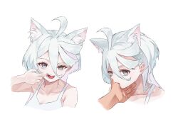  2girls animal_ears biting biting_another&#039;s_hand cat_ears collarbone fangs finger_in_own_mouth grey_eyes gundam gundam_suisei_no_majo hand_on_another&#039;s_face highres kemonomimi_mode long_hair miorine_rembran multiple_girls ntto_486 open_mouth simple_background suletta_mercury tank_top white_background white_hair white_tank_top yuri 