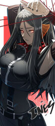  absurdres arknights arms_up belt belt_buckle black_belt black_hair black_nails black_shirt buckle english_commentary female highres horns ines_(arknights) long_hair long_sleeves looking_at_viewer navel parted_lips red_eyes samacho shirt solo standing string zipper zipper_pull_tab 