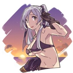  armpits bikini breasts brown_eyes brown_gloves cleavage coat female fire_emblem fire_emblem_awakening fire_emblem_heroes gloves grey_hair haconeri hair_between_eyes holding holding_coat holding_unworn_clothes jewelry long_hair looking_at_viewer navel necklace o-ring o-ring_top official_alternate_costume open_mouth robin_(female)_(fire_emblem) robin_(female)_(summer)_(fire_emblem) robin_(fire_emblem) solo sunset swimsuit twintails wet 