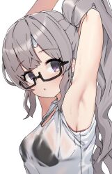  aa211108 arm_behind_head armpits arms_up bikini bikini_under_clothes black-framed_eyewear black_bikini blush breasts dot_nose eyelashes female grey_hair highres idolmaster idolmaster_shiny_colors idolmaster_shiny_colors_song_for_prism large_breasts long_hair looking_at_viewer official_alternate_costume official_alternate_hairstyle parted_lips purple_eyes see-through see-through_shirt semi-rimless_eyewear shirt side_ponytail sidelocks simple_background solo swimsuit upper_body wavy_hair wet wet_clothes wet_shirt white_background white_shirt yukoku_kiriko 